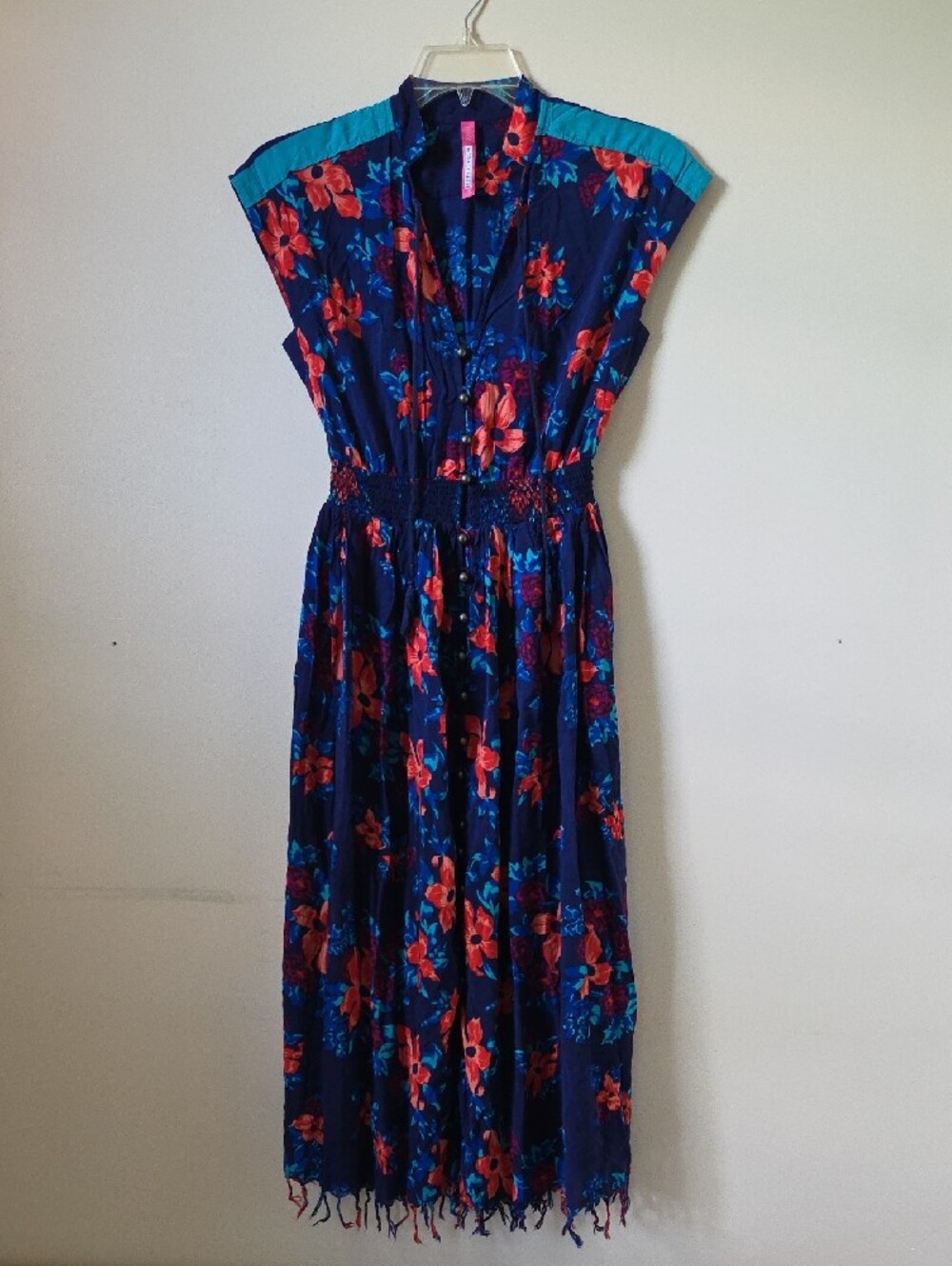 Navy Floral Maxi Dress with Coral Flowers and Turquoise Shoulders